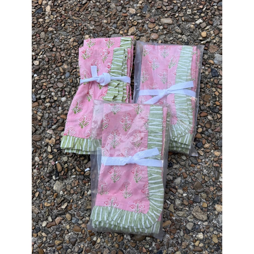 Mark & Graham Pink Block Print Ruffle Dinner Napkins Set of 12 New Floral Green